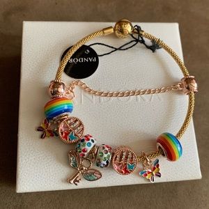 NWOT Pandora Moments 18K Gold Plated Mesh Bracelet w/ Rainbow Rose Gold Charms